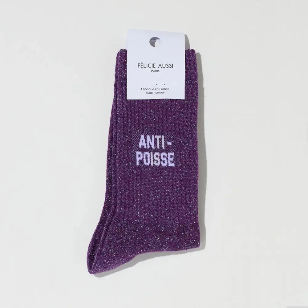 Chaussette violette pailletée anti-poisse avec texte blanc