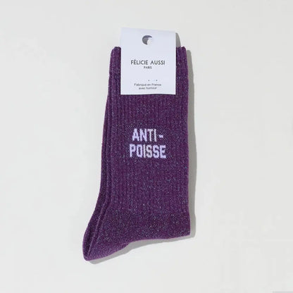 Chaussette violette pailletée anti-poisse avec texte blanc