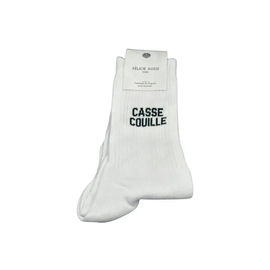 Chaussettes casse avec clin d’œil blanc et texte noir, style fun et cool