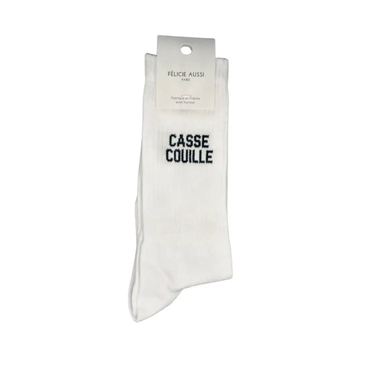Chaussettes blanches crew avec broderie noire audacieuse et humour