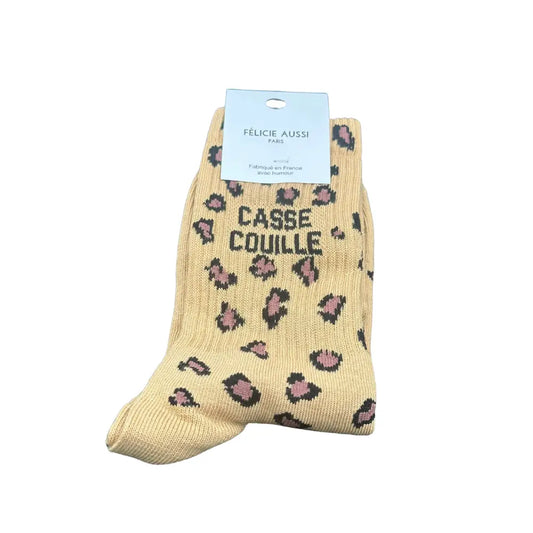 Chaussettes casse couille taille unique avec motif léopard beige, rose foncé et noir