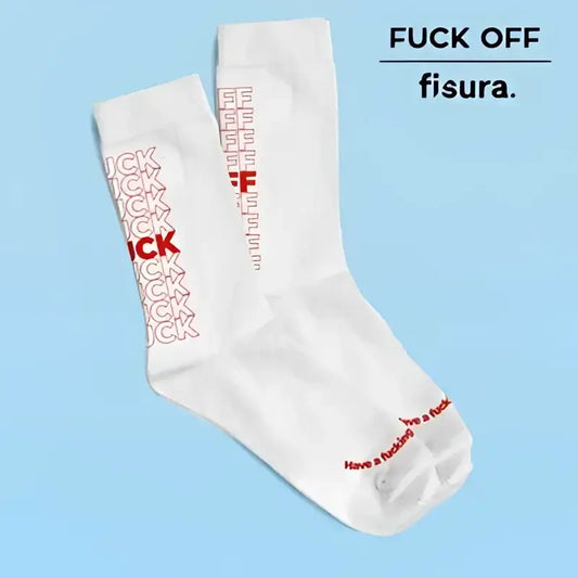 Chaussettes blanches Fisura avec fuck off rouge, touche d’originalité unique