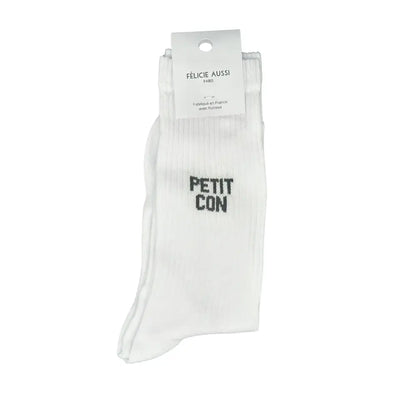 Chaussettes blanc avec PETIT CON brodé, humour jusqu’au bout, taille 40-45
