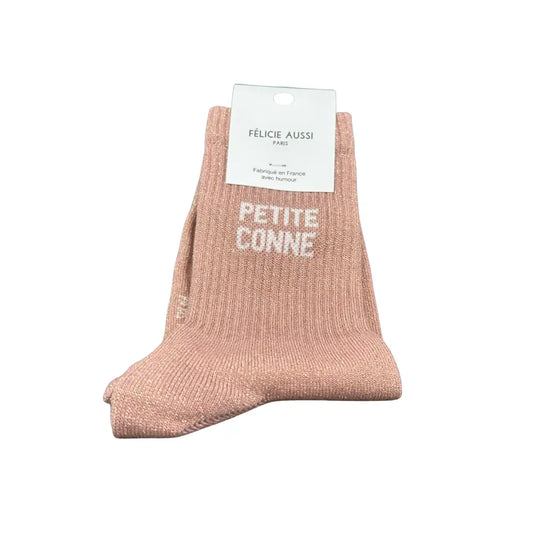 Chaussettes petite conne rose pailettes, lumière rose, glittery, avec étiquette blanche