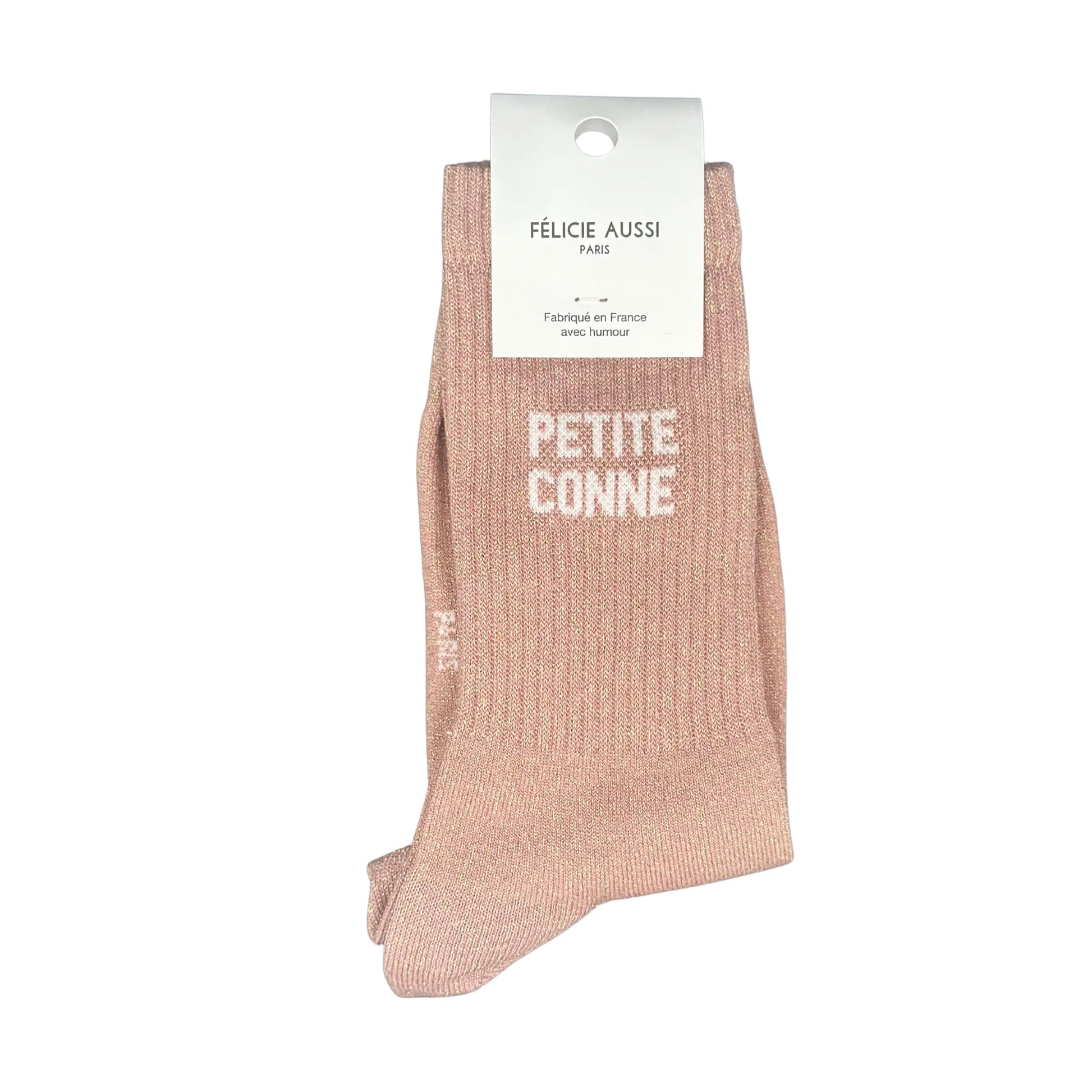 Chaussettes petite conne rose paillettes, ribbed rose clair avec PETITE CONNE blanc