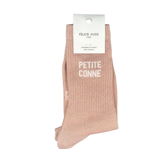 Chaussettes petite conne rose paillettes, ribbed rose clair avec PETITE CONNE blanc