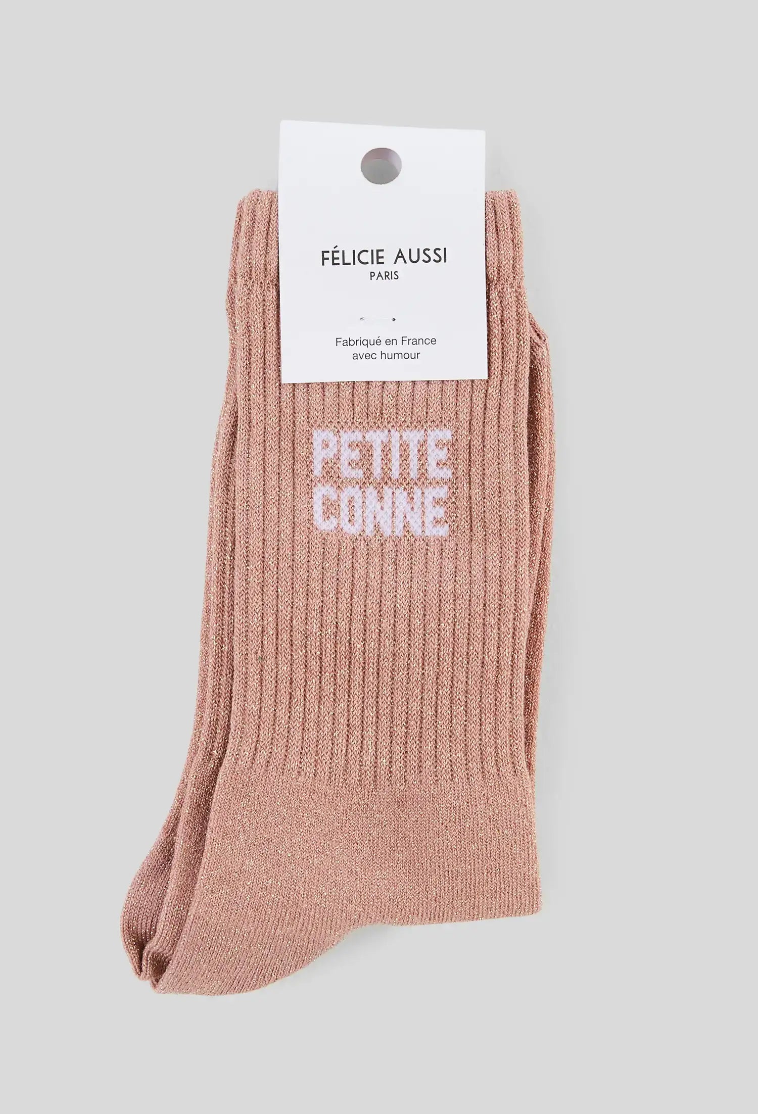 Chaussette rose pailletée petite conne, ribbed avec lettres blanches