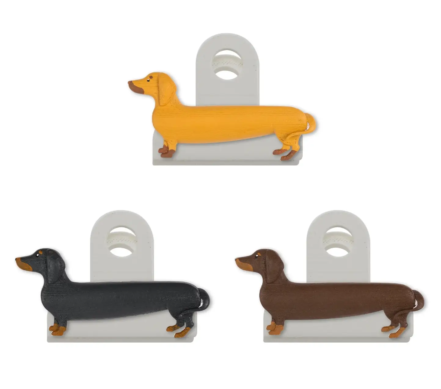 Porte-clips sac chien teckel jaune noir marron mat, idée cadeau