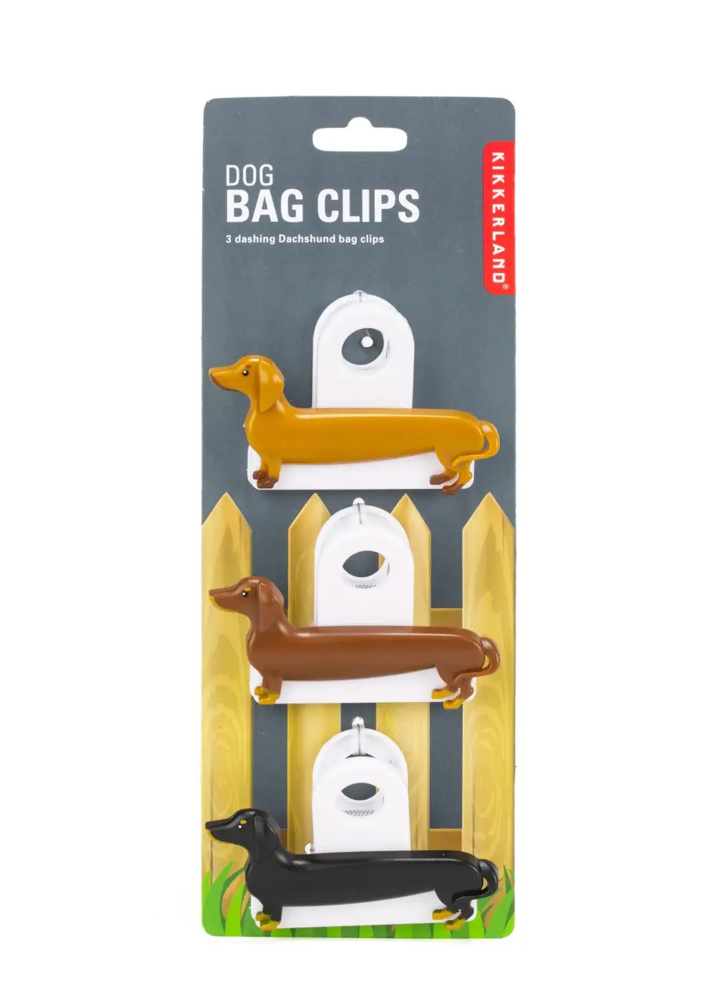 Trois pinces clip sac chien teckel en plastique tan, marron et noir