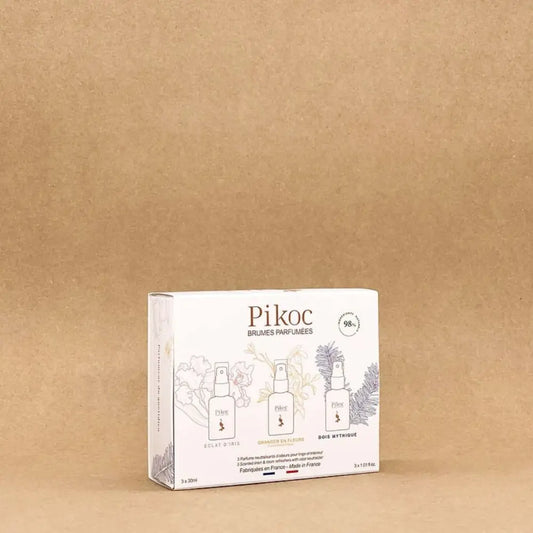 Boîte blanche avec trois brumes Pikoc dans le Coffret Collection Brumes
