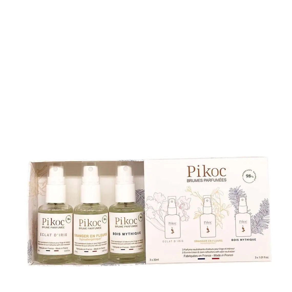 Coffret Collection Brumes Pikoc : 3 brumes 30ml Eclat dIris, Oranger en Fleur, Bois Mythique