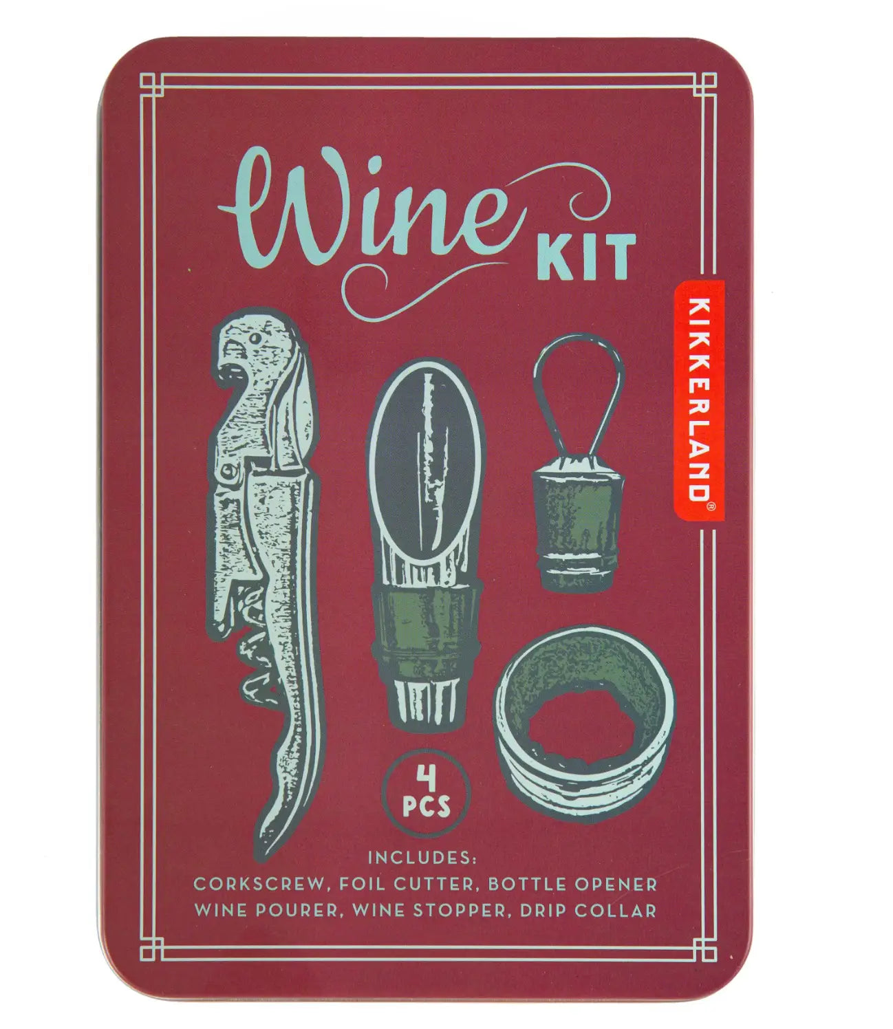 Coffret d’accessoires vin Kikkerland rouge avec ensemble d’outils illustrés soigné