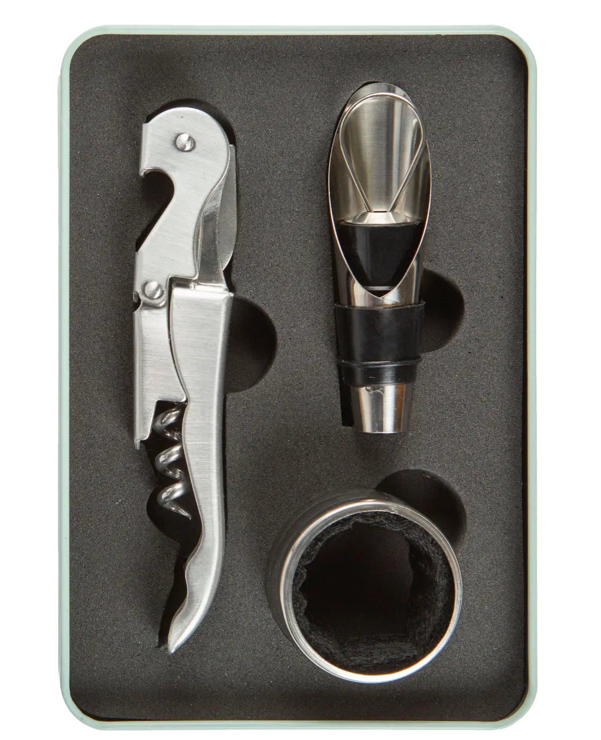 Coffret d’accessoires pour vin en acier inoxydable avec accents caoutchouc noir