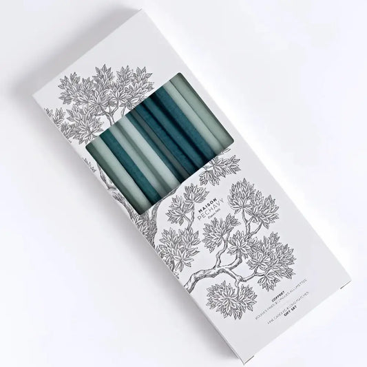 Box de bougies fines bleu paon et cÉladon pour décoration intérieure raffinée
