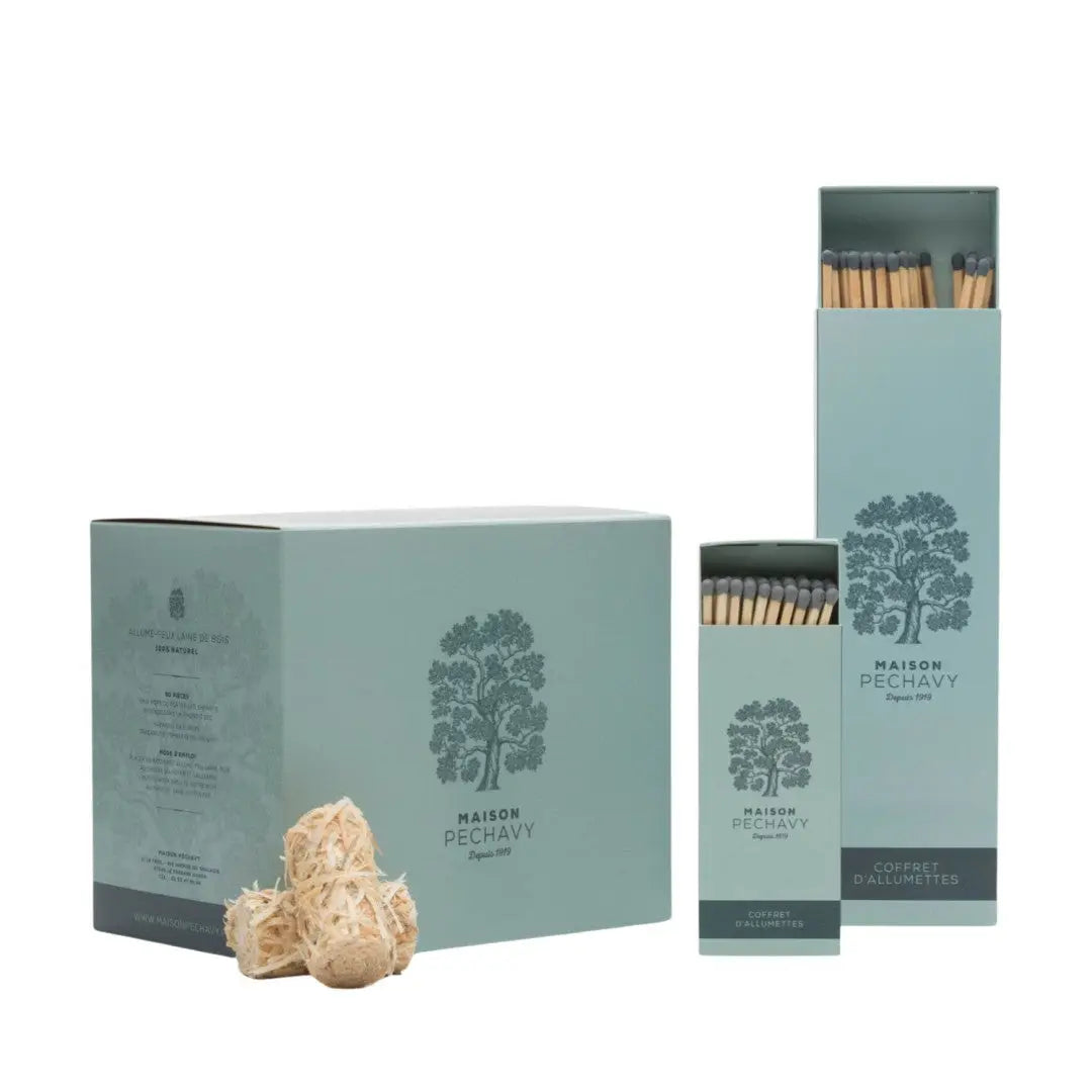 Coffret original Maison Pechavy : allume-feu et allumettes en matériaux naturels au design épuré