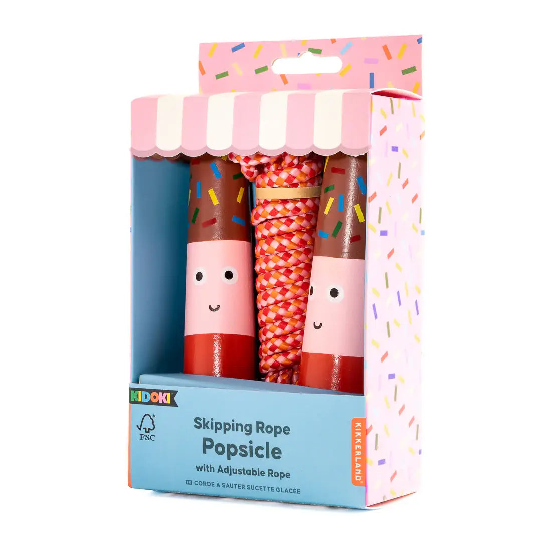 Corde à sauter Kidoki design ludique glace à l’eau rose et marron avec motifs sprinkles colorés