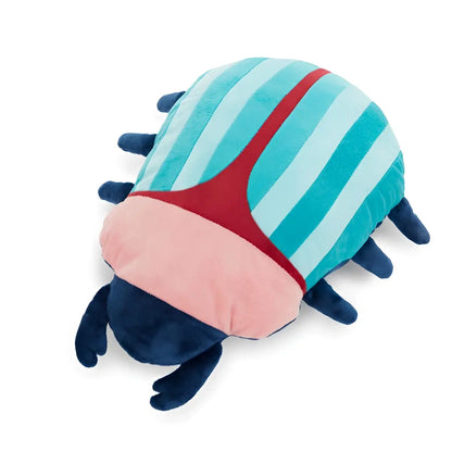 Coussin scarabée rose en peluche avec coque rayée teal et rouge