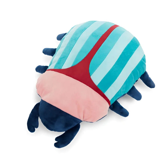 Coussin scarabée rose en peluche avec coque rayée teal et rouge