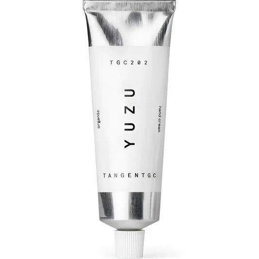 Tube de crème mains yuzu 50mL avec capuchon blanc et argent, hydratation fraîche