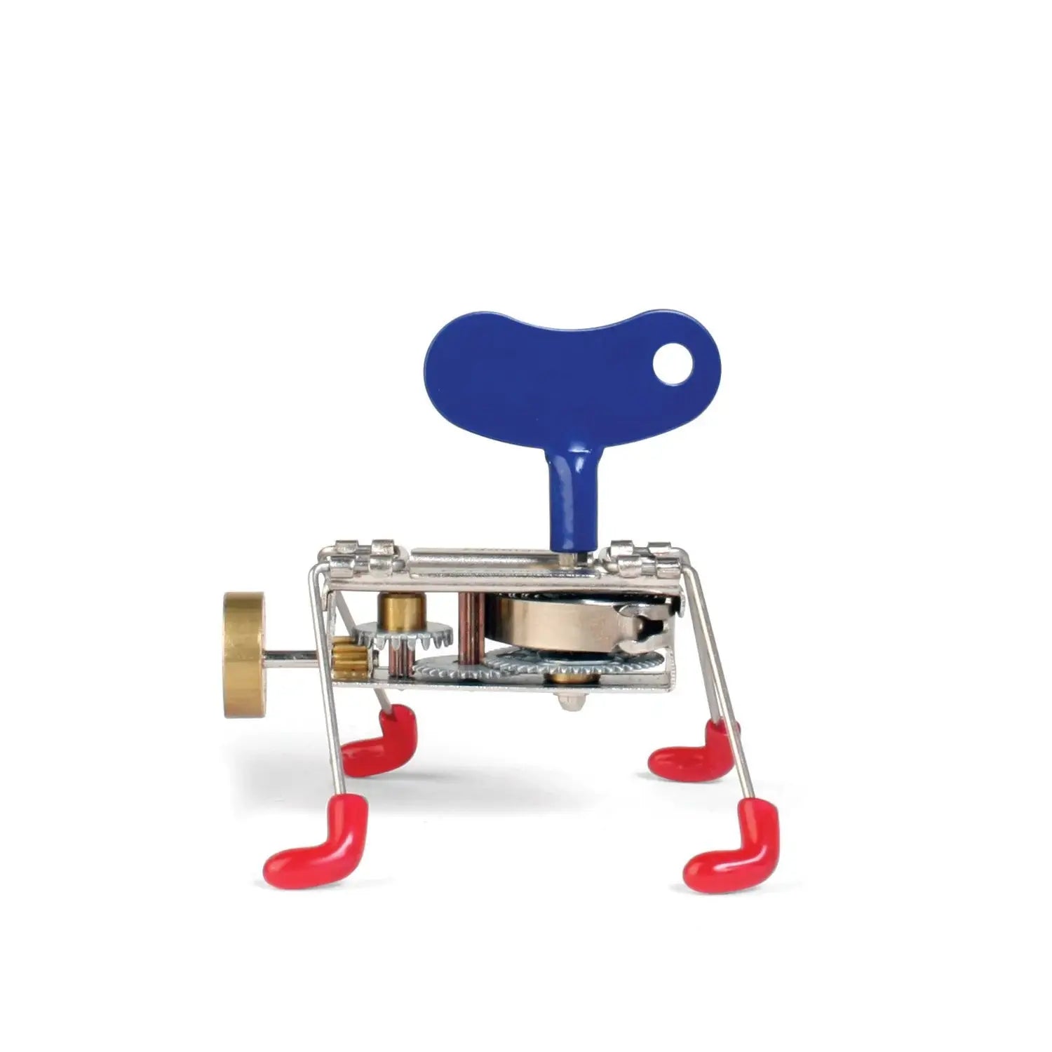 Jouet créature mécanique en forme de clé bleue avec pieds rouges et engrenages métalliques, charme rétro