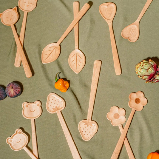 Cuillères à salade fraise en bois, têtes animaux fruits, collection food fun