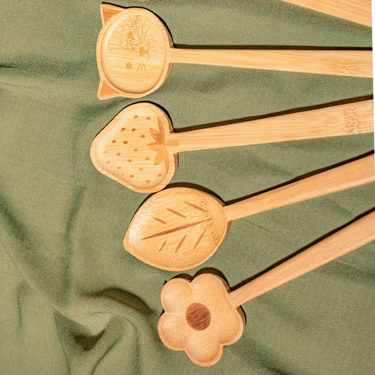 Lot de 4 cuillères bambou salade fraise, motifs chat fraise feuille fleur