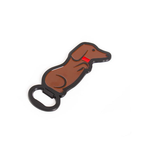 Décapsuleur teckel brun en forme de chien avec collier rouge, design animalier idéal cadeau