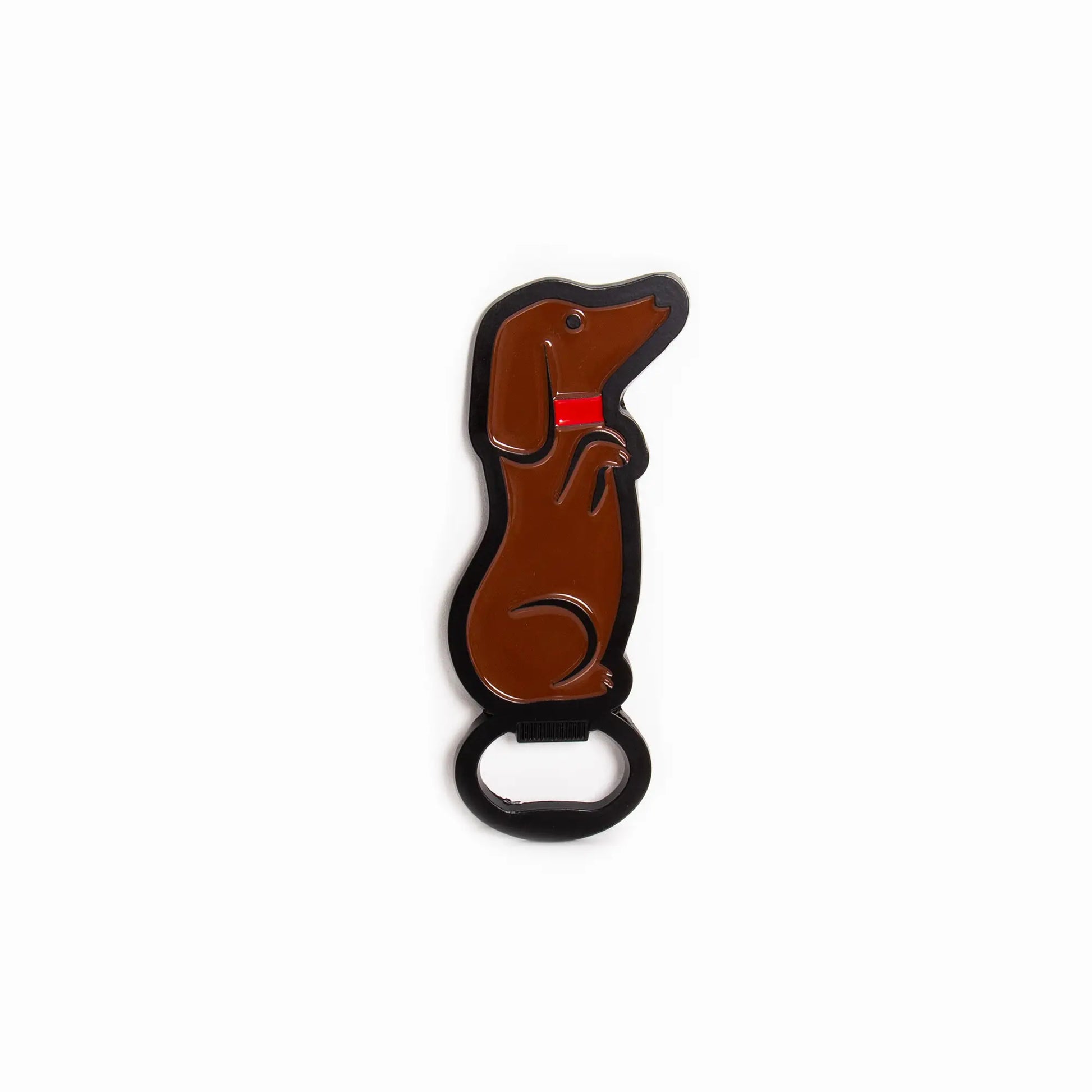 Décapsuleur teckel brun avec collier rouge, design animalier idée cadeau