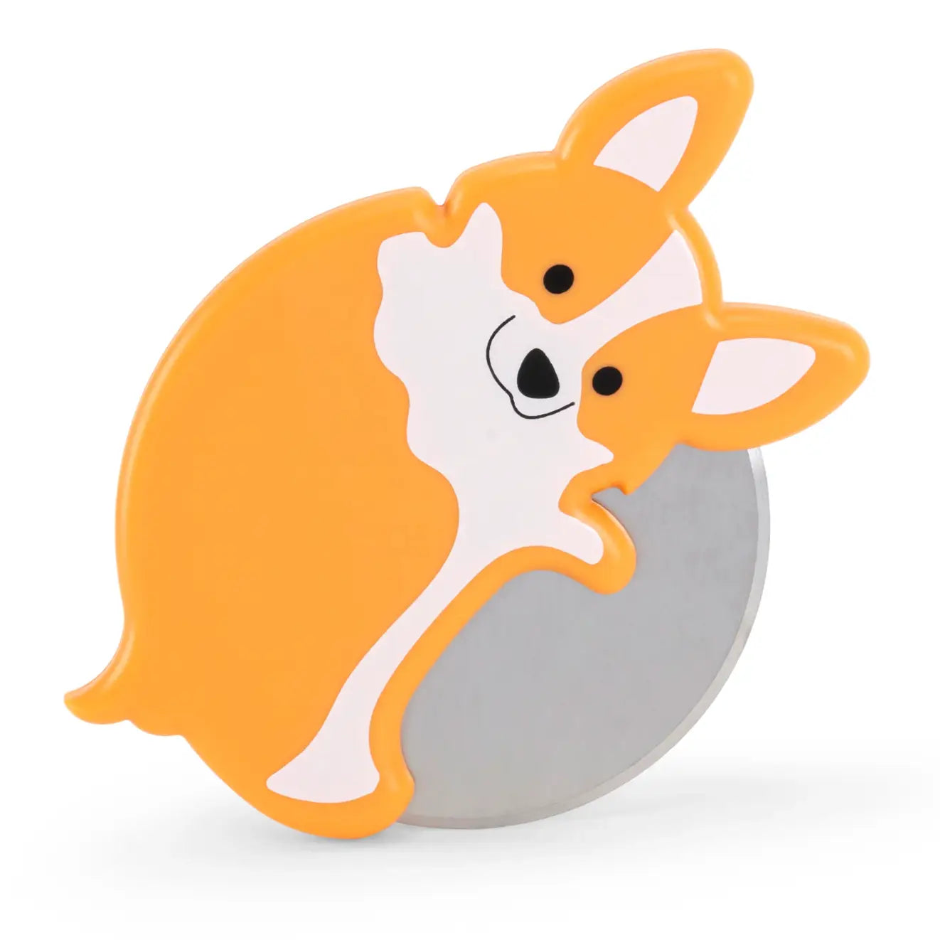 Découpe pizza chien corgi orange et blanc avec lame grise