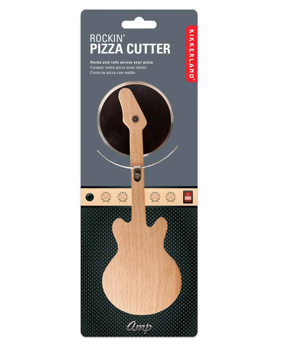 Découpe pizza guitare rock en bois, lame métallique, bord noir circulaire