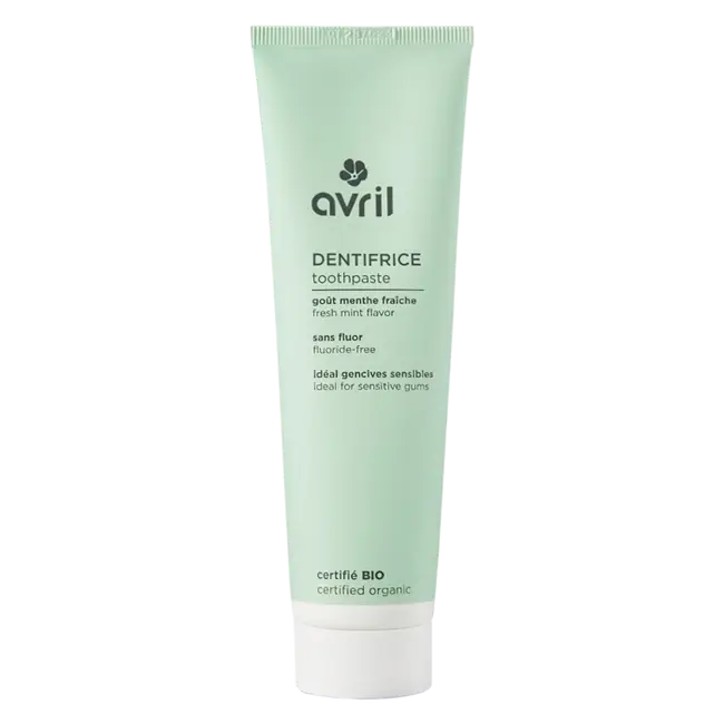 Tube dentifrice Avril menthe fraîche bio sans fluor pour hygiène bucco-dentaire