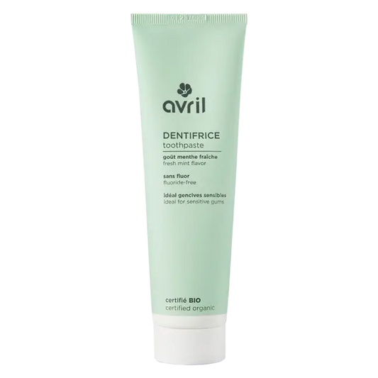 Tube dentifrice Avril menthe fraîche bio sans fluor pour hygiène bucco-dentaire