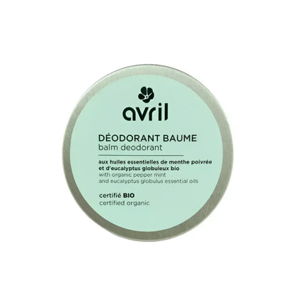 Déodorant baume bio aux peaux sensibles dans un boîtier vert et argenté