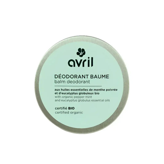 Déodorant baume bio aux peaux sensibles dans un boîtier vert et argenté