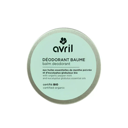 Déodorant baume bio en boîte ronde mint green et argent, texture fondante pour peaux sensibles