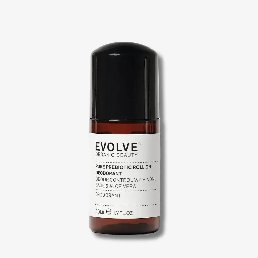 Déodorant bille bio aux prébiotiques dans une bouteille en verre brun avec bouchon noir