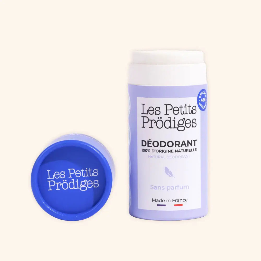 Déodorant naturel peaux sensibles violet et blanc avec capuchon bleu détaché, protection durable