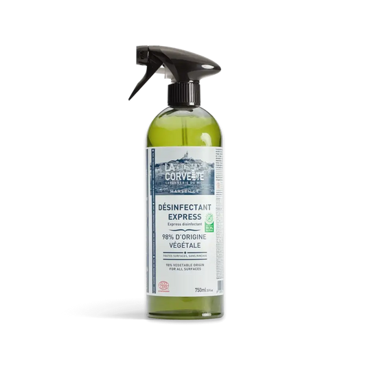Spray désinfectant vert avec 98% d’ingrédients végétaux, désinfectant express 750 ml