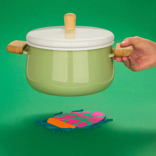 Pot en émail vert clair avec anses bois, couvercle blanc et bouton en bois, collection Dessous-De-Plat The Beetles Orange Plastique