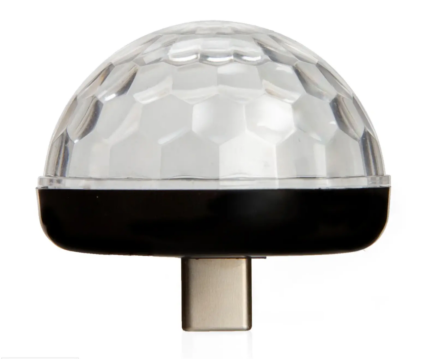 Lampe LED portable Disco Light Phone Type C, dôme clair facetté avec base noire et connecteur USB-C argenté pour ambiance festive