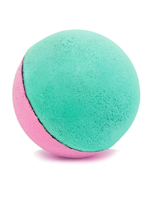 Bombe de bain duo rose et vert lagon texturée turquoise et rose lisse