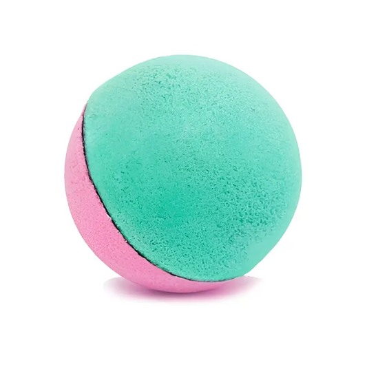 Bombe de bain duo rose et vert lagon texturée turquoise et rose lisse