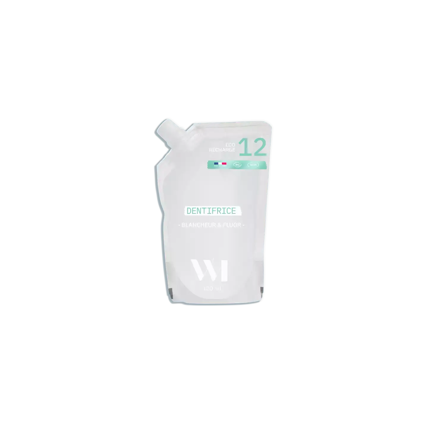 Pouch rechargeable dentifrice blancheur menthe fraîche, design minimaliste blanc avec accents teal