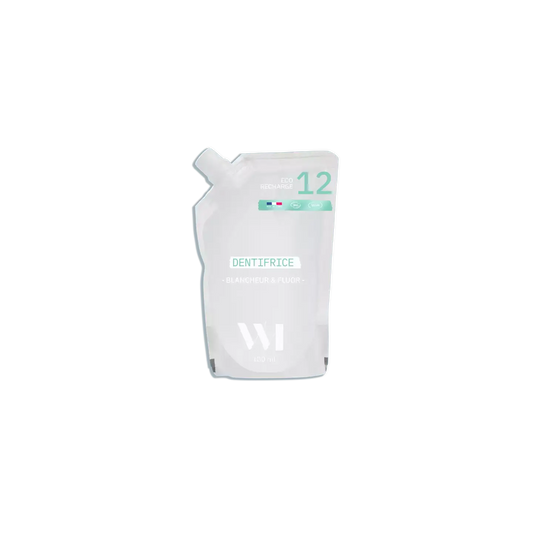 Pouch rechargeable dentifrice blancheur menthe fraîche, design minimaliste blanc avec accents teal