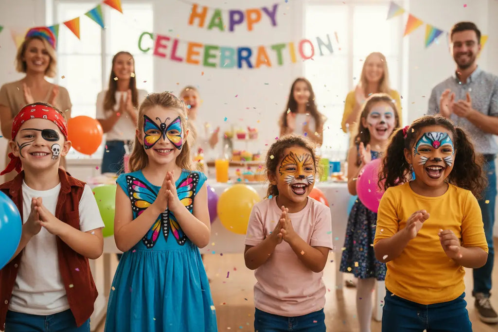 Children with face paint for a party, with themes like pirate and butterfly