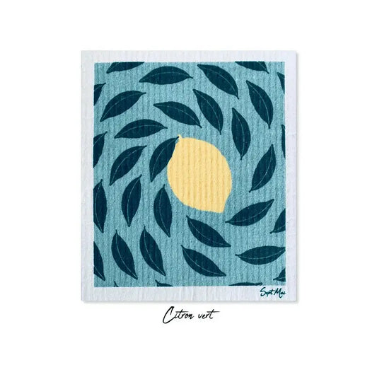 Éponge citron vert réutilisable avec motif citron et feuille, carré éponge
