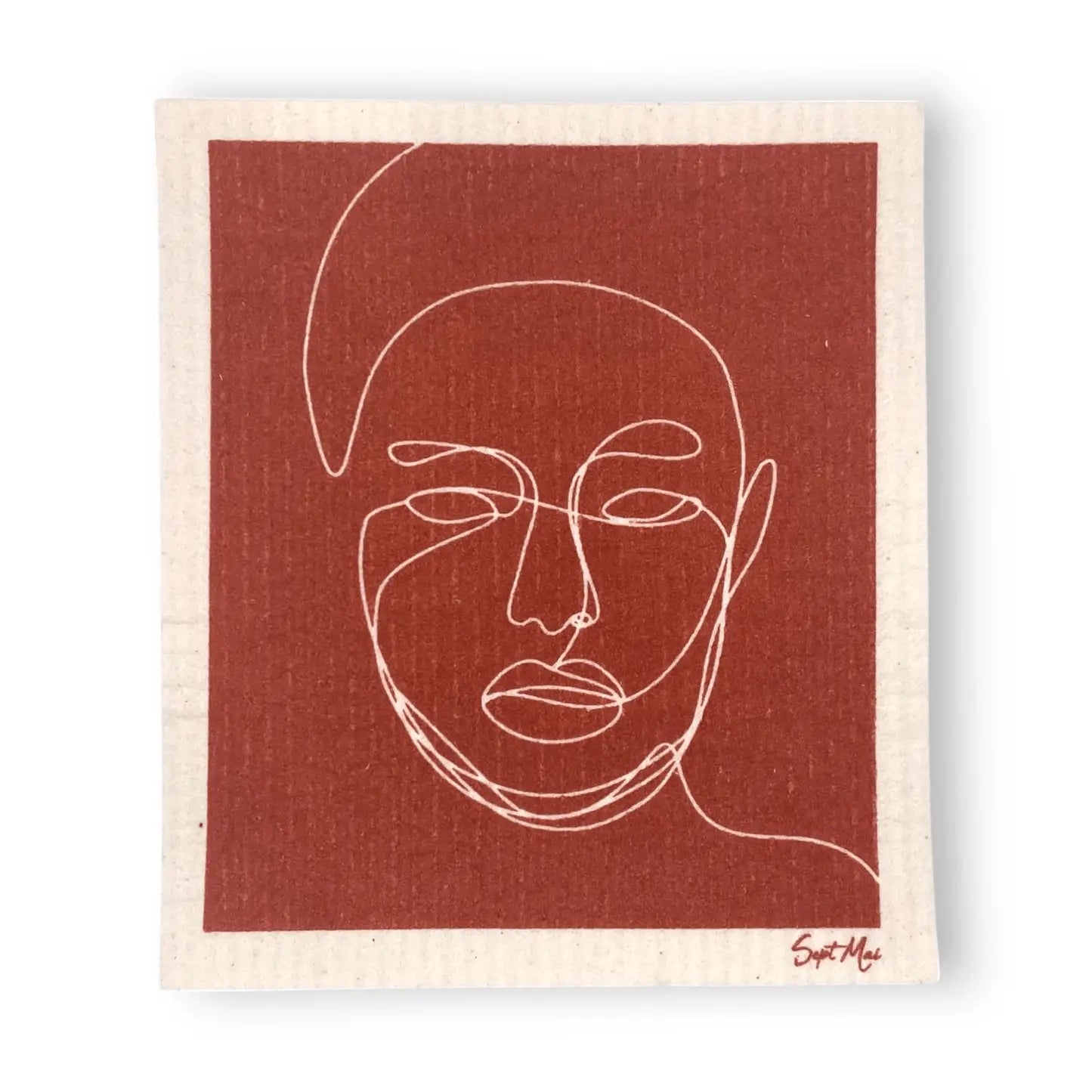 Illustration minimaliste Eponge portrait sur plaque bois rougeâtre