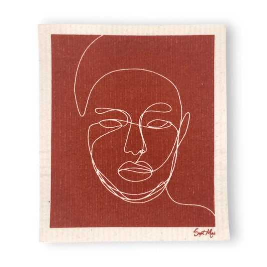 Illustration minimaliste Eponge portrait sur plaque bois rougeâtre