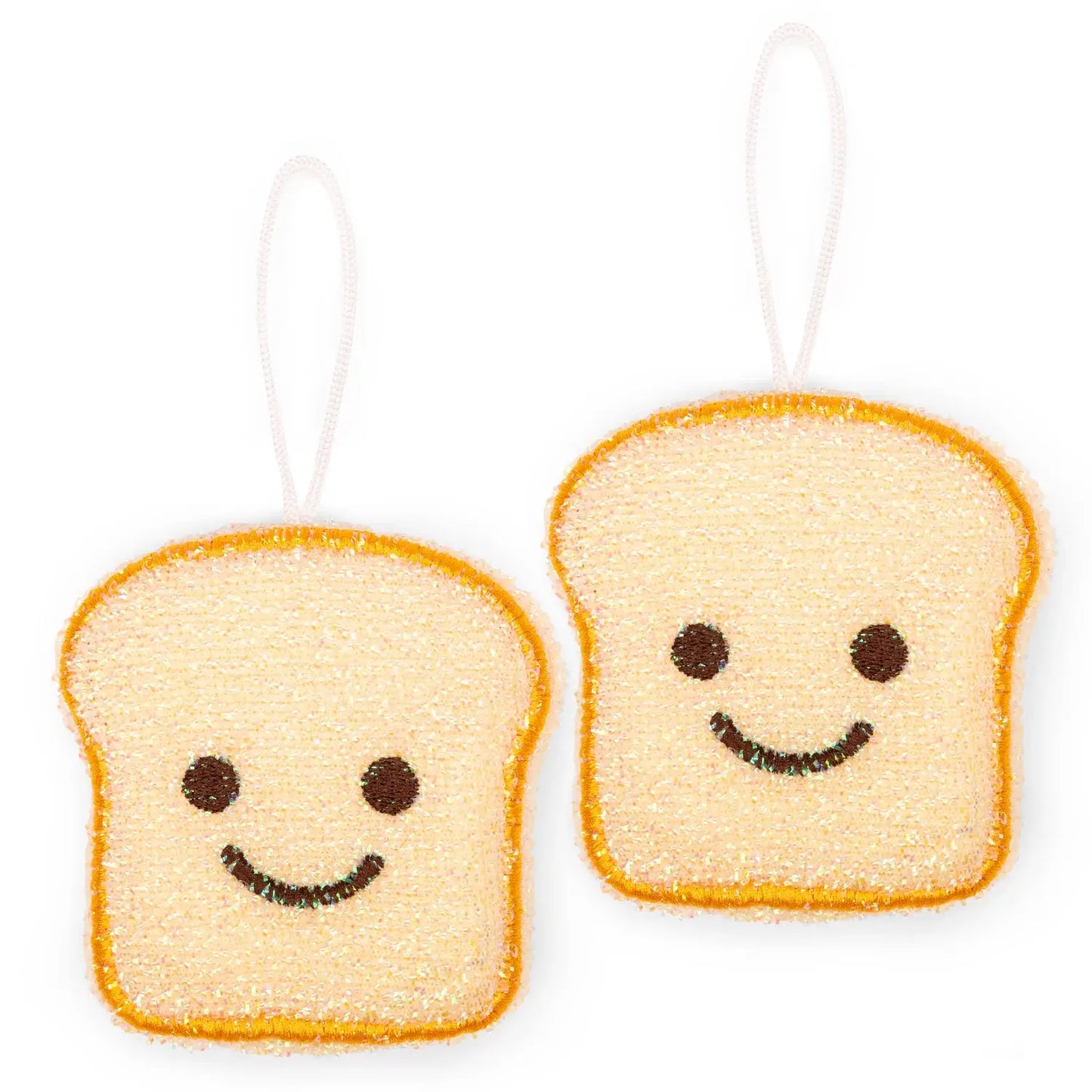 Deux éponges bain en forme de toasts souriants avec boucles, pour cuisine propre