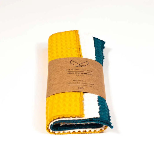 Lingettes lavables bleu paon avec serviette en éponge jaune et teal zéro déchet